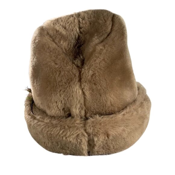Vintage Stetson Tan Faux Fur Tyrolean Fedora Russian Winter Hat banded feather - Picture 11 of 12